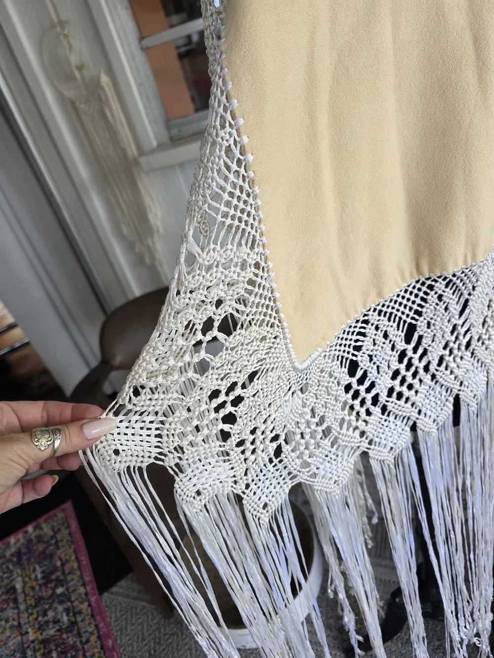 Vintage 70s Dramatic Fringe Wrap Boho Hippie Cream Shawl with White Fringe